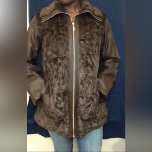 Dennis Basso brown faux fur/leather convertible jacket to vest size XXS